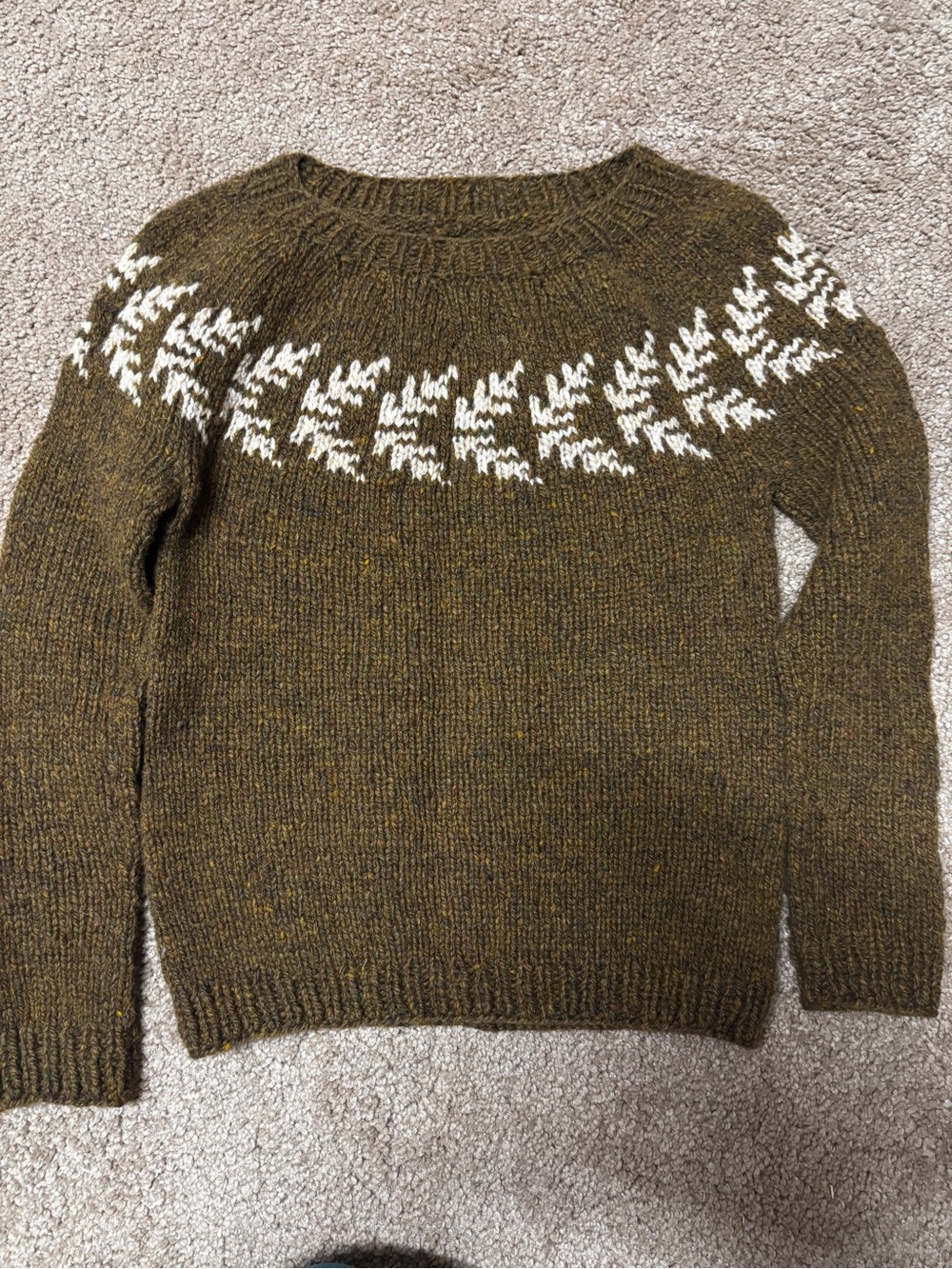 Hand-Knit Olive Green Wool Sweater with White Yoke Pattern